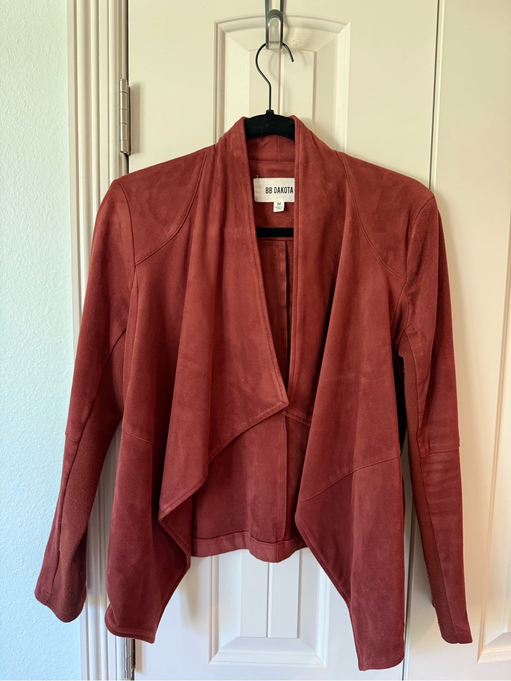 BB Dakota Rust Suede Draped Open Front Jacket